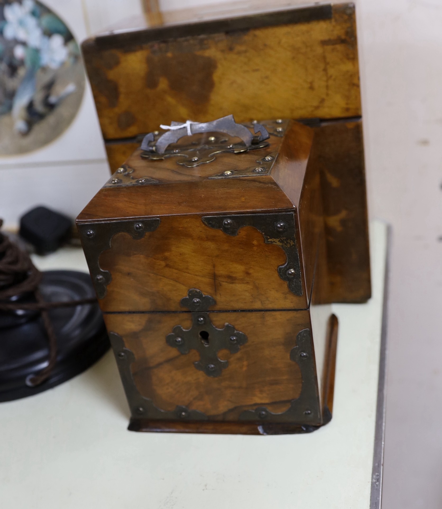 A Victorian four bottle decanter box with brass mounts, a similar 2 bottle box and two other boxes